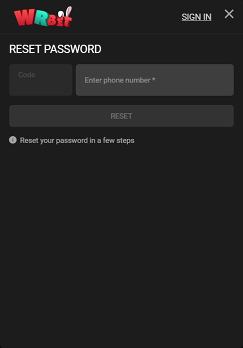 WRbet reset password with phone number field