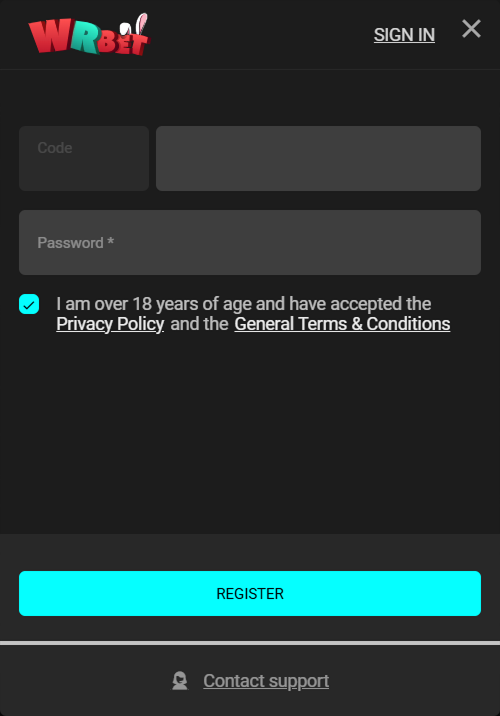 WRbet registration with code and password fields