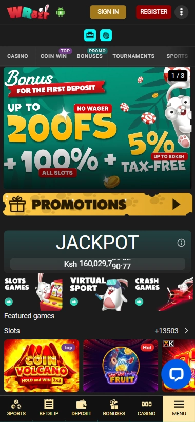 WRbet mobile home with welcome bonus and jackpot
