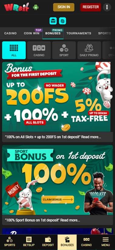 WRbet mobile bonuses page with deposit offers